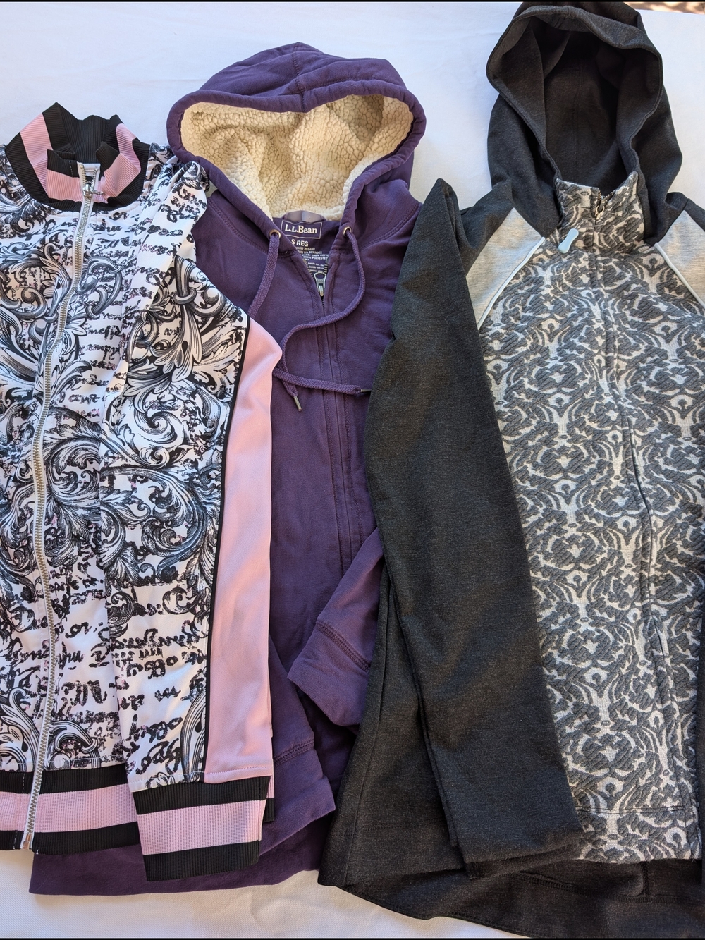 L.L. Bean Purple Hooded Sherpa Jacket + 2 Patterned Zip Jackets